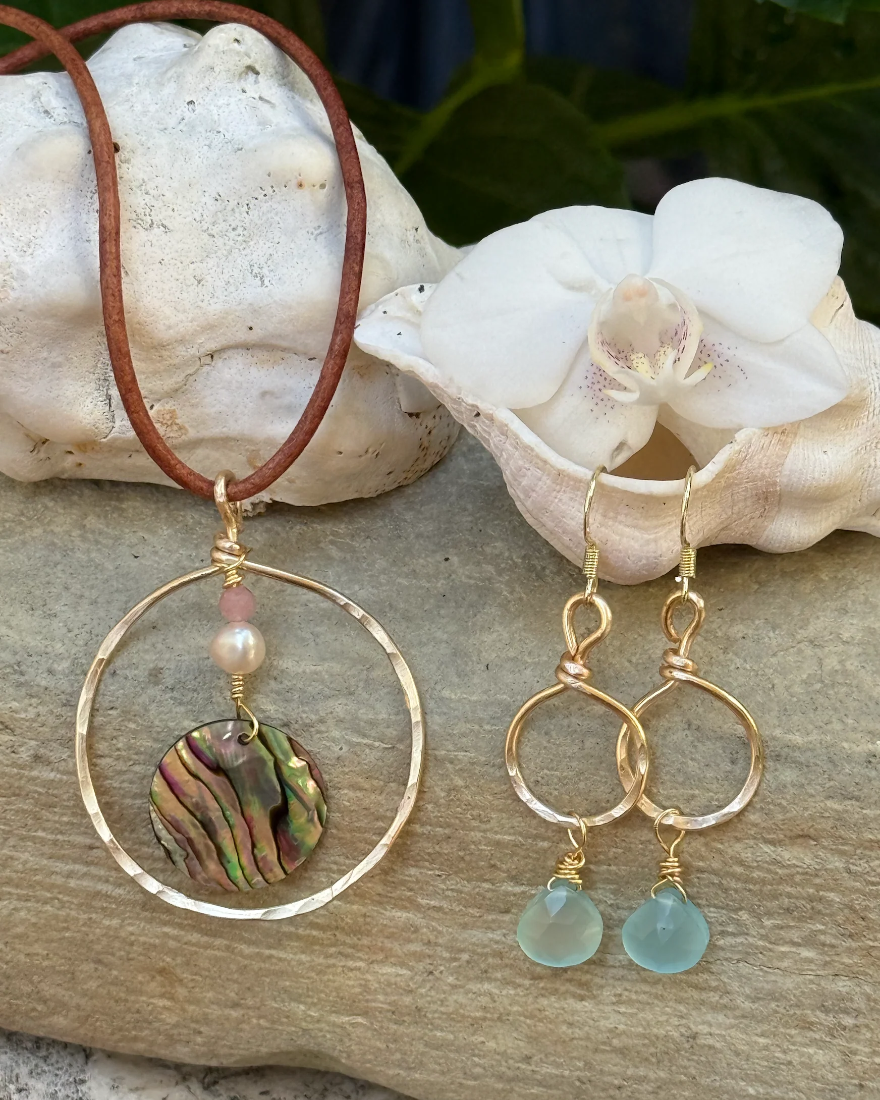 Gold Hammered Hoops w/ Chalcedony Gems - Image 2