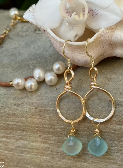 Gold Hammered Hoops w/ Chalcedony Gems - Image 3