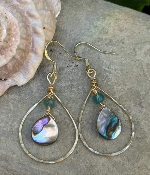 Hammered Gold Oval Hoops w/ Abalone - Image 2