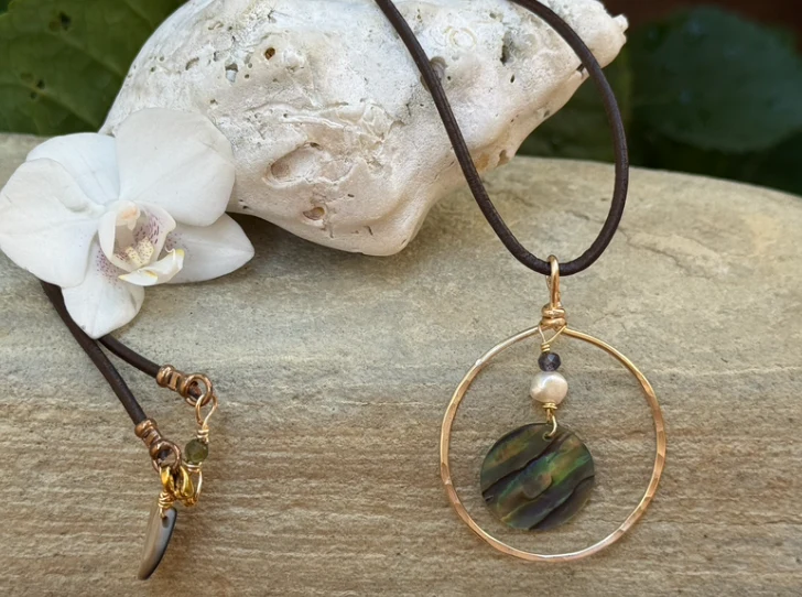 Hammered Gold Pendant w/ abalone on dark brown leather - Image 2