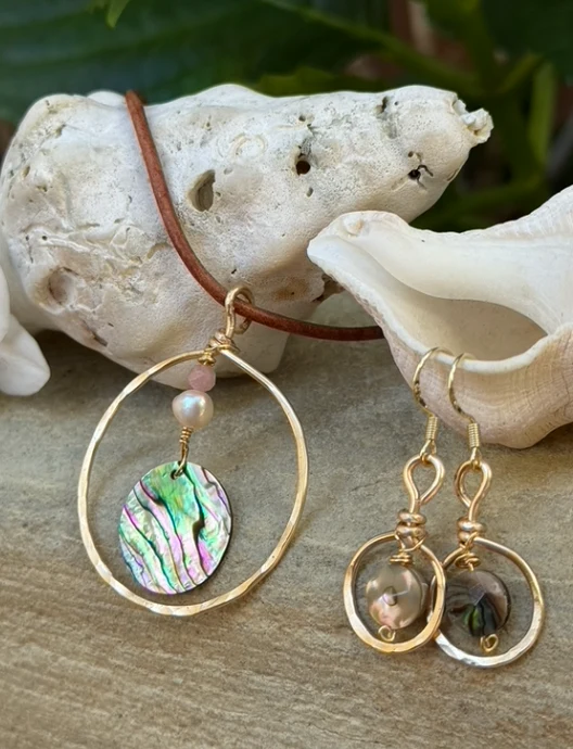 Simple Abalone Gold Hammered Hoops - Image 2